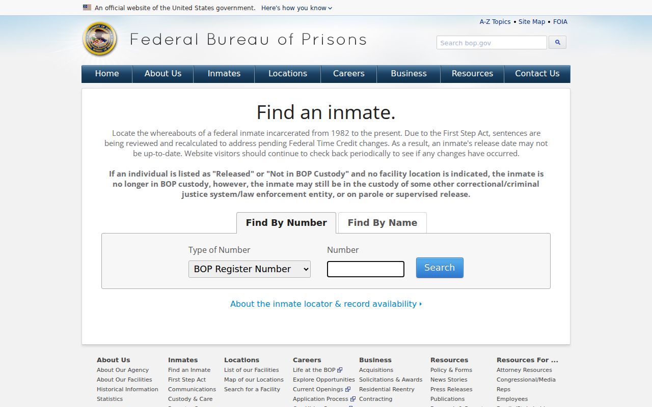 Federal Bureau of Prisons inmate locator for federal custody searches