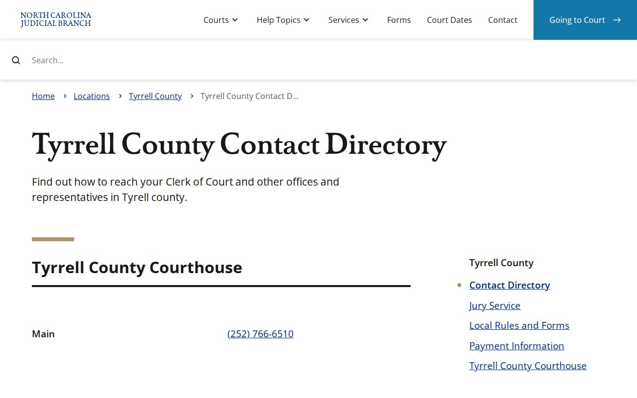 Tyrrell County criminal court case clerk contact directory