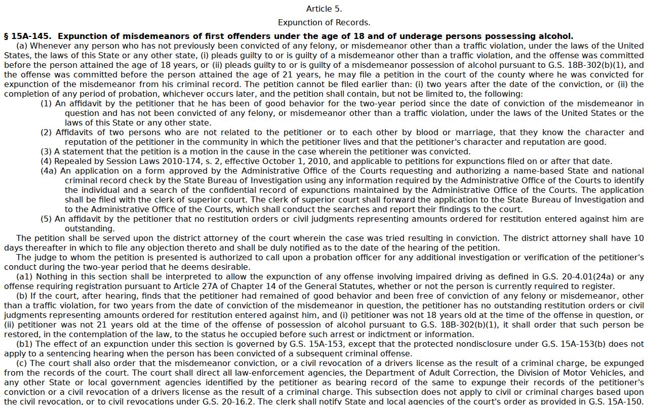 Current North Carolina Article 5 expunction statutes for Tyrrell County cases